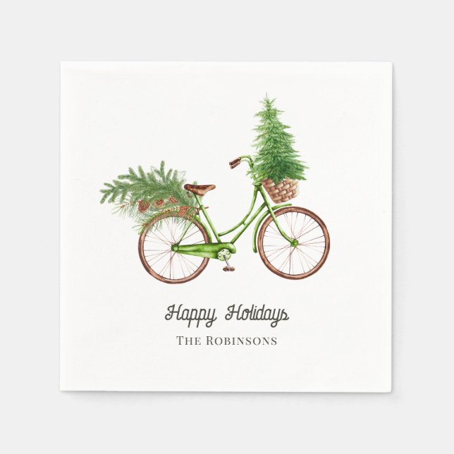 Akvarell Blommig Cykel Julfest Pappersservett (Framsidan)