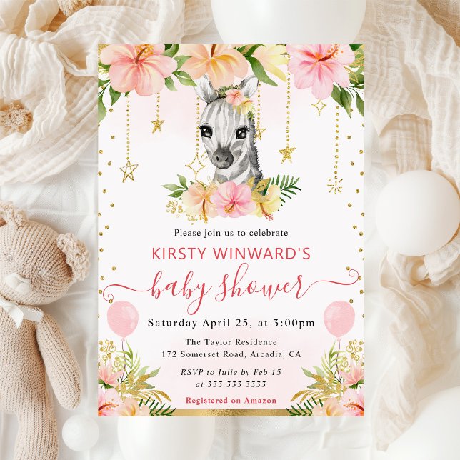 Akvarell Blommig Djungel Zebra Bebisens Första Dag Inbjudningar (Skapare uppladdad)