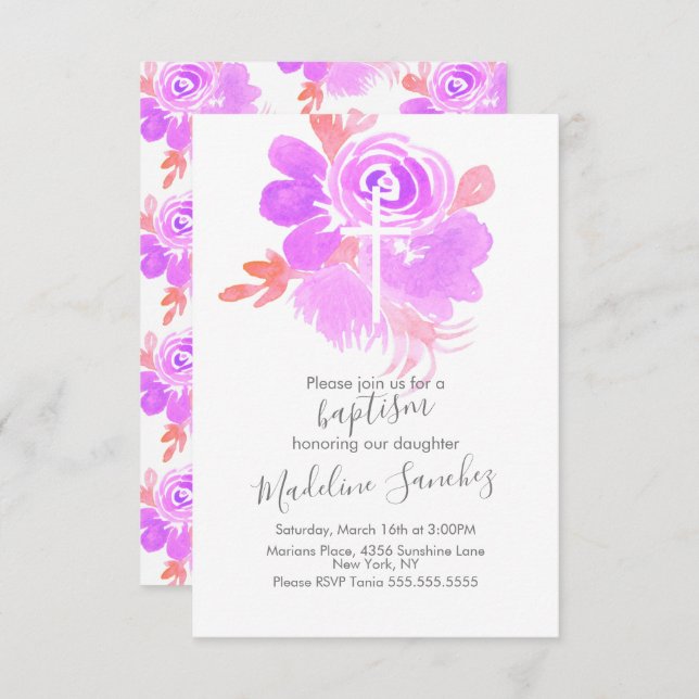 Akvarell Blommig Dop Ceremoni Lila Baby Dop   Inbjudningar (Fram/baksida)