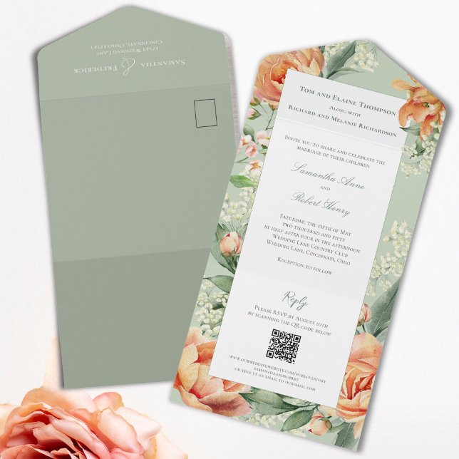 Akvarell Blommig Elegant Bröllop Allt-i-ett (Peach floral all-in-one wedding invitation with sage green accents and tear-off QR code RSVP.)