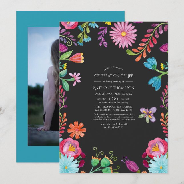 Akvarell Blommig Fiesta Firande Av Liv Inbjudningar (Fram/baksida)