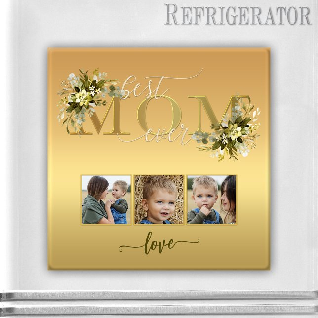 Akvarell Blommig Fotokollage Mam Magnet (Gold magnet with 3 custom photos, script text and watercolor flowers for Mom or Mother's Day)