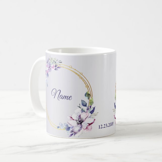 Akvarell Blommig Geometrisk Guld Lila Bröllop Kaffemugg (Framsida vänster)