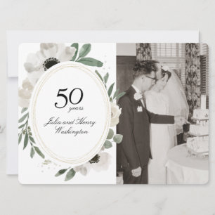Akvarell Blommig Guld Foto 50-årsjubileum Inbjudningar