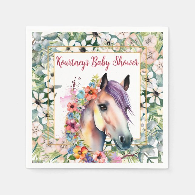Akvarell Blommig Häst Bebis Shower  Pappersservett (Framsidan)
