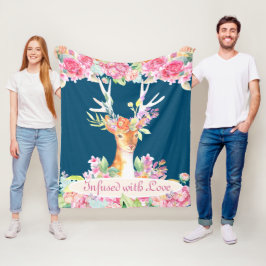 Akvarell Blommig Hjort med Horn, Marinblå och Rosa Fleecefilt