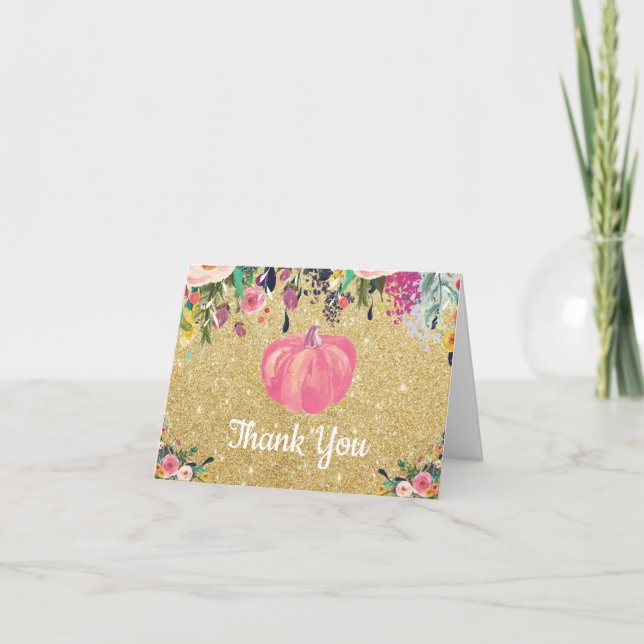 Akvarell Blommig Höst Pumpa Rosa Guld Glitter Tack Kort (Framsida)