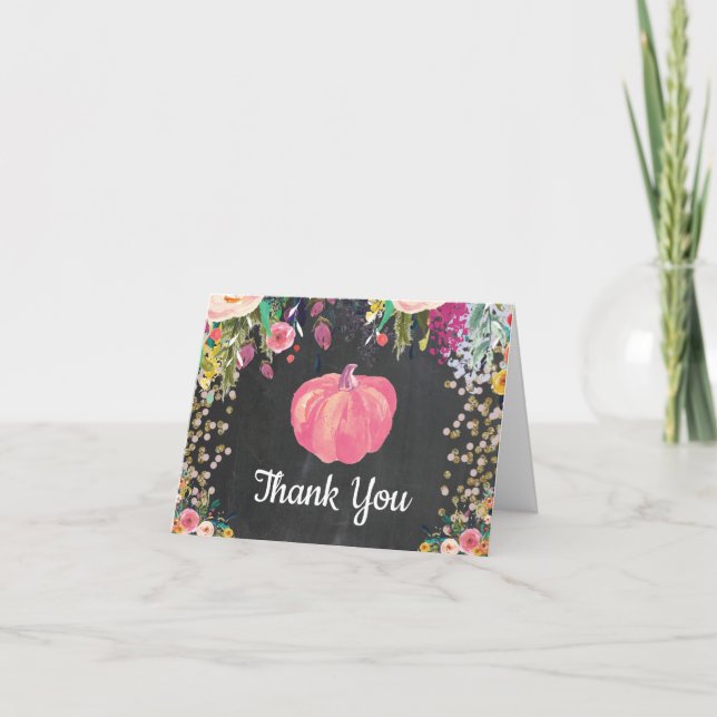 Akvarell Blommig Höst Pumpa Rosa Guld Glitter Tack Kort (Framsida)