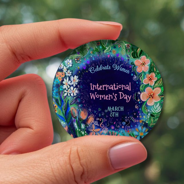Akvarell Blommig Internationella Kvinnodagen Knapp (Colorful Watercolor Floral Women's Day Button)