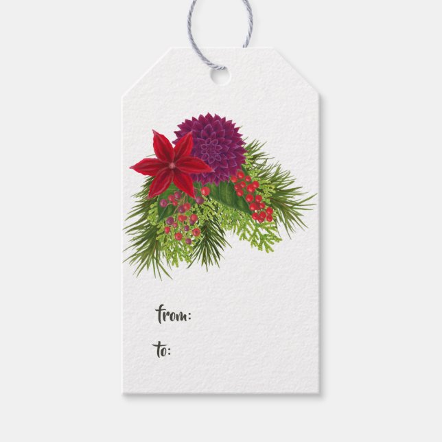 Akvarell Blommig Jul Presentetikett (Framsidan)