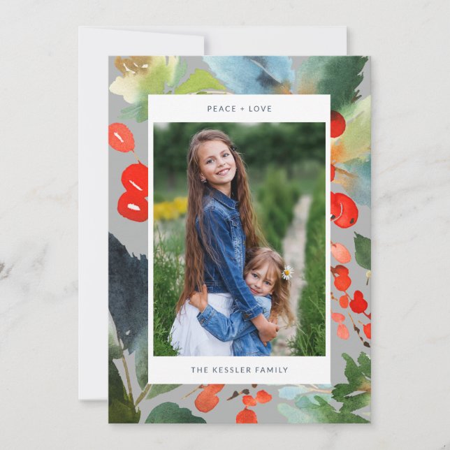 Akvarell Blommig Jul Stilig Två Foto Grå Julkort (Framsida)