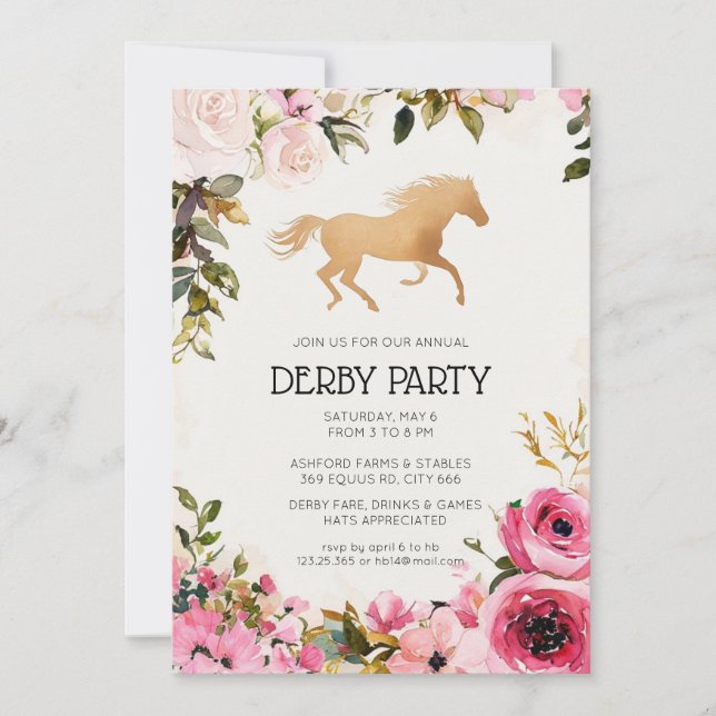 Akvarell Blommig Kentucky Derby Inbjudan Guld H (Framsida)