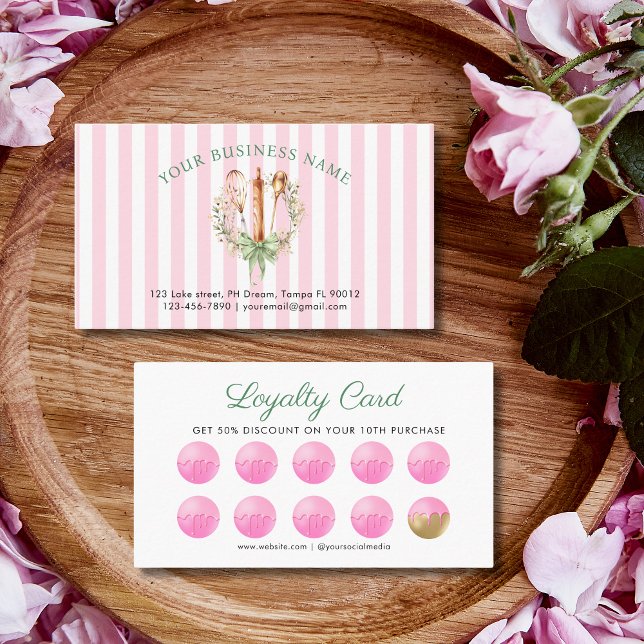Akvarell Blommig Köksredskap Matlagning Bageri Lojalitetskort (Watercolor Pink Stripe and Floral Utensils cooking loyalty card)