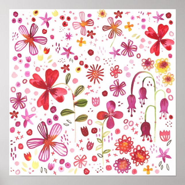 Akvarell Blommig Konst Modernt Mönster Poster (Framsidan)
