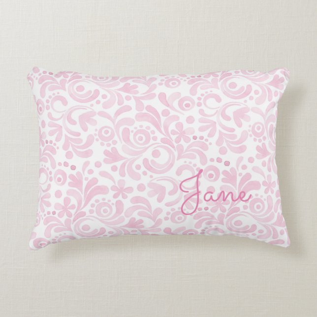Akvarell Blommig Konst NAMN rosa vit girligt sött Prydnadskudde (Framsidan)