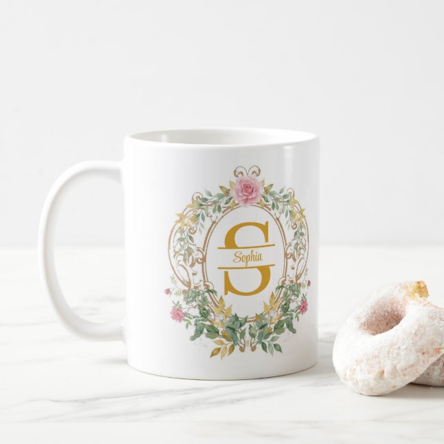 Akvarell Blommig Krans Guld Initial Monogram Kaffemugg (Med munk)