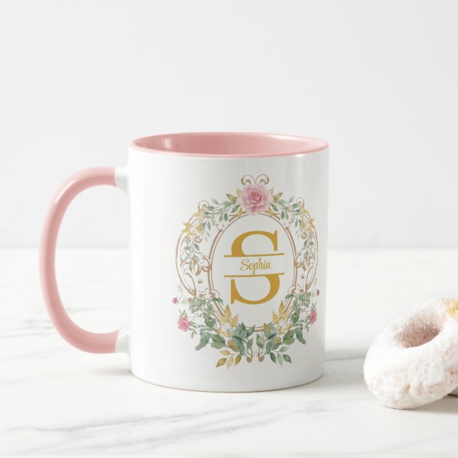 Akvarell Blommig Krans Guld Initial Monogram Mugg (Med munk)