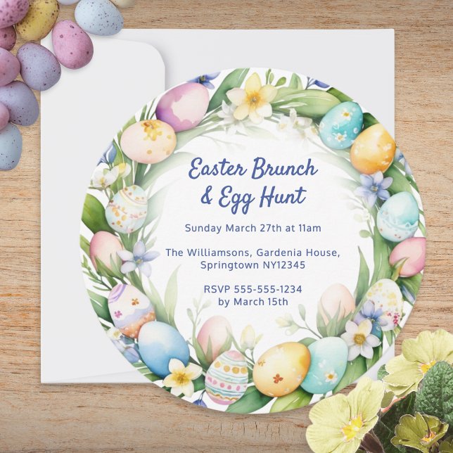 Akvarell Blommig Krans Påskbrunch & Äggsökning Inbjudningar (A round invitation card for an Easter Brunch and Egg Hunt, with custom text and pastel wreath)