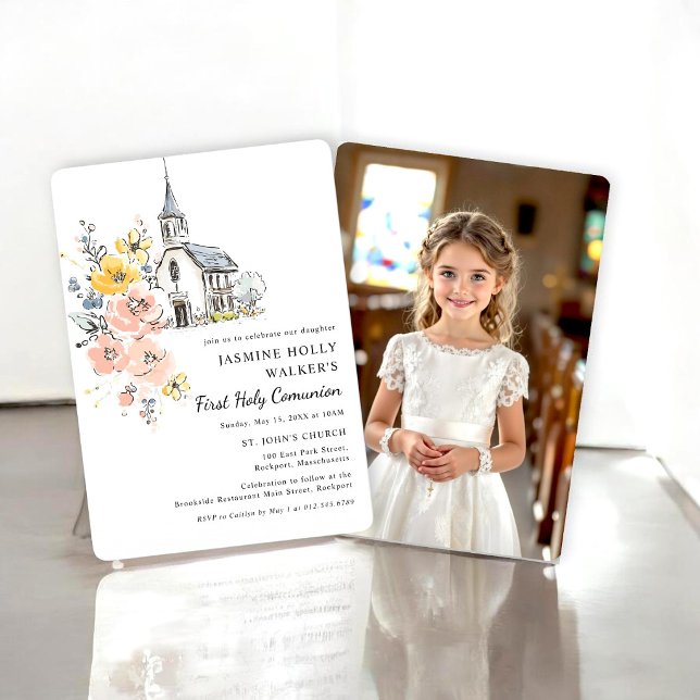 Akvarell Blommig Kyrka Första Nattvarden Inbjudningar (Skapare uppladdad)