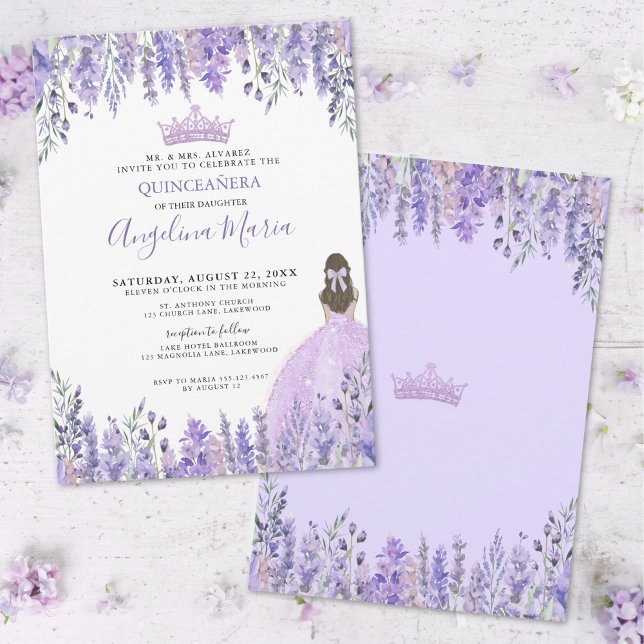 Akvarell Blommig Lila Quinceañera Inbjudningar (Purple Lilac Tiara Floral Quinceañera Invitation)