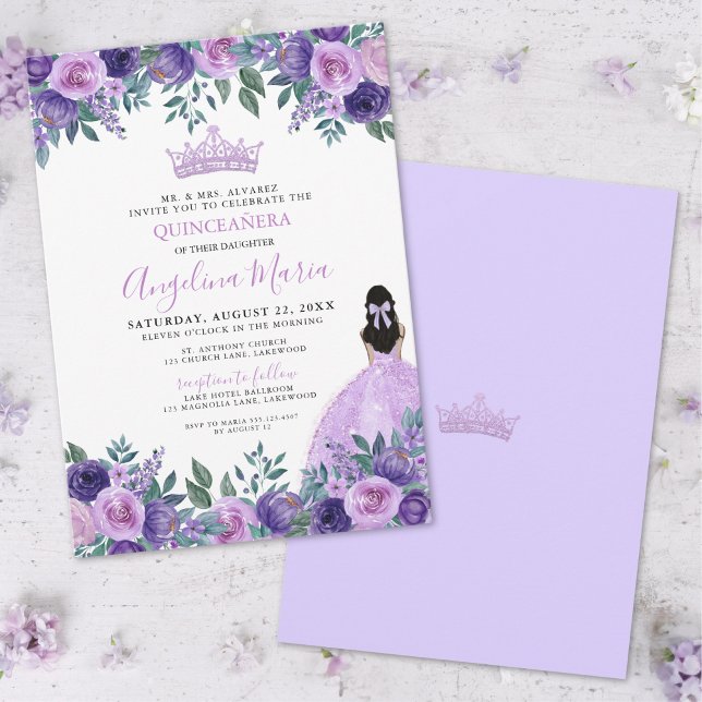 Akvarell Blommig Lila Quinceanera Inbjudningar (Floral Purple Rose Quinceanera Invitation)