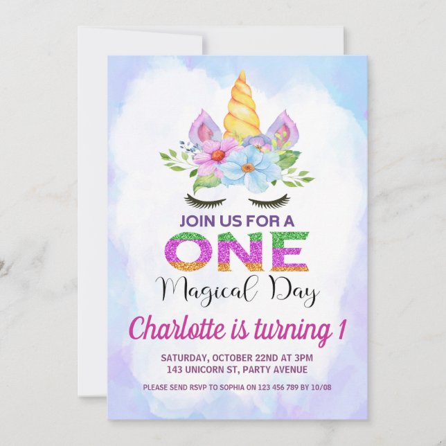 Akvarell Blommig Magisk Enhörning 1-årsdag Inbjudningar (Framsida)
