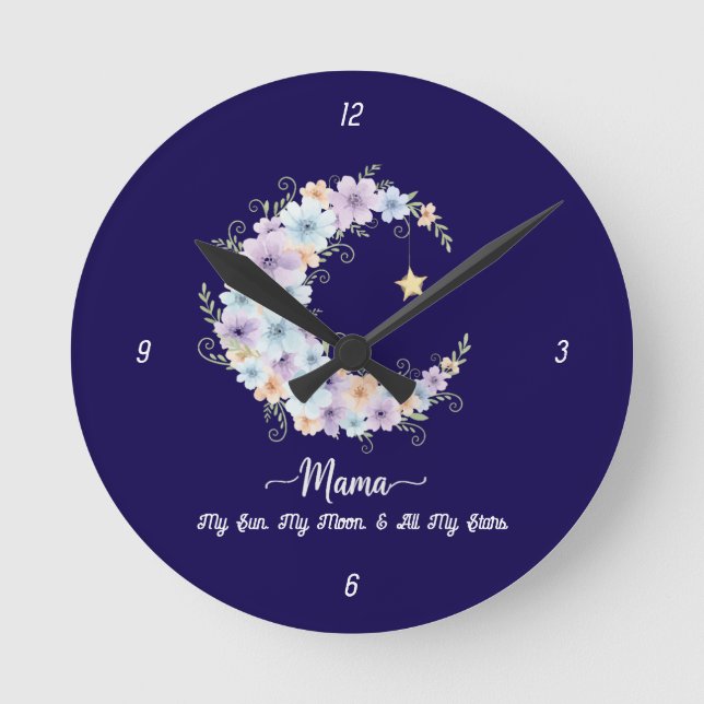 Akvarell Blommig Måne Mamma Rund Klocka (Framsida)