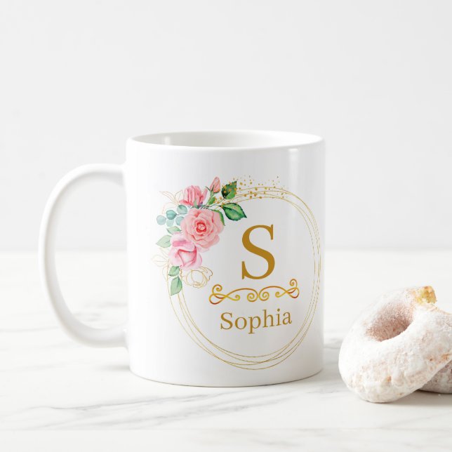 Akvarell Blommig Monogram I Anpassad Guldinitial Kaffemugg (Med munk)