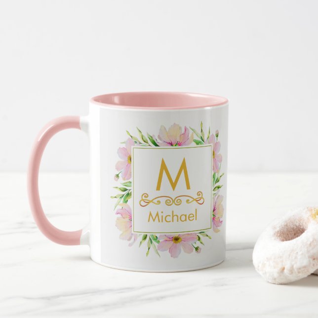 Akvarell Blommig Monogram I Guldinitial & Namn Mugg (Med munk)
