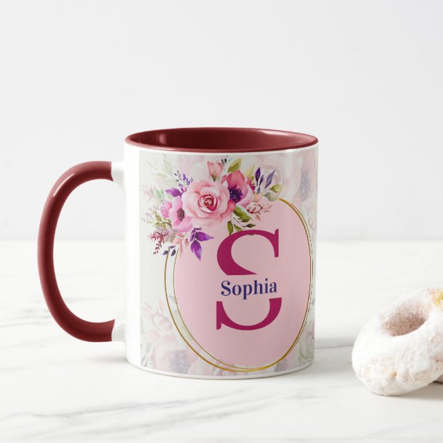 Akvarell Blommig Monogram I Personlig Namnpresent Mugg (Med munk)