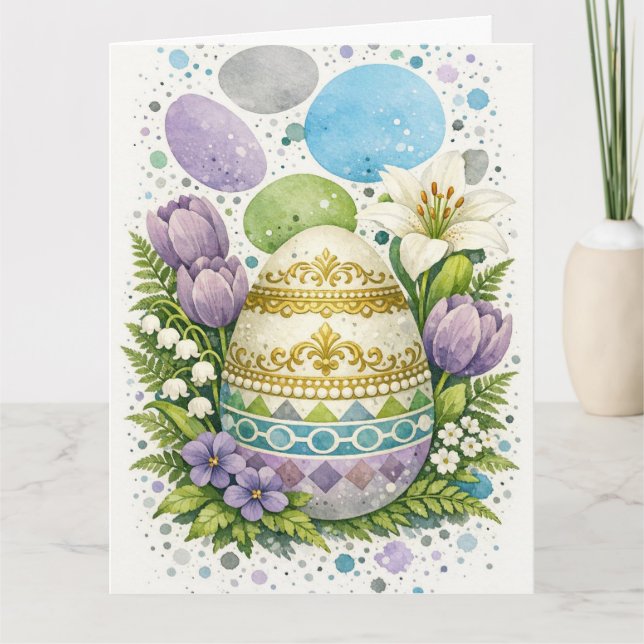 Akvarell Blommig Påskägg Kort (Framsida)