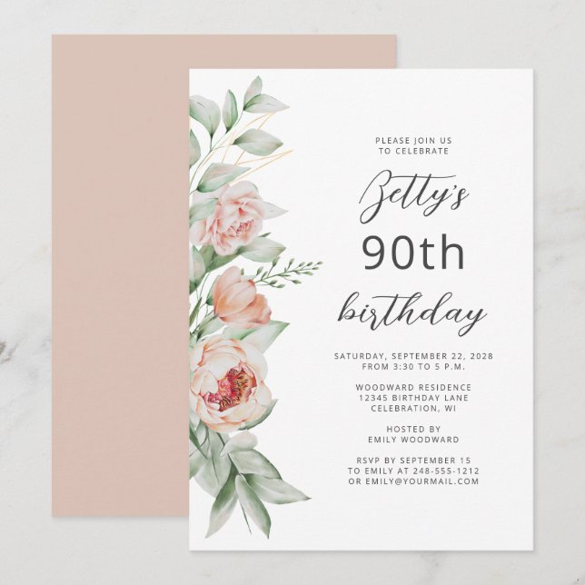 Akvarell Blommig Persikoblush 90-årsdag Inbjudningar (Fram/baksida)