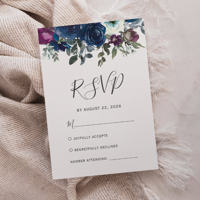 Akvarell Blommig Plommon Marinblå Bröllop OSA Kort (Skapare uppladdad)