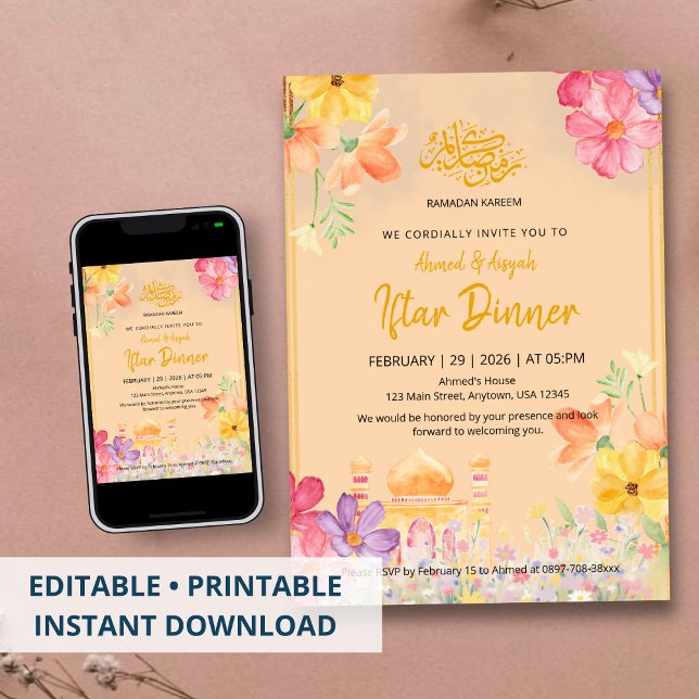 Akvarell Blommig Ramadan Kareem Iftar Middag Inbjudningar (Skapare uppladdad)