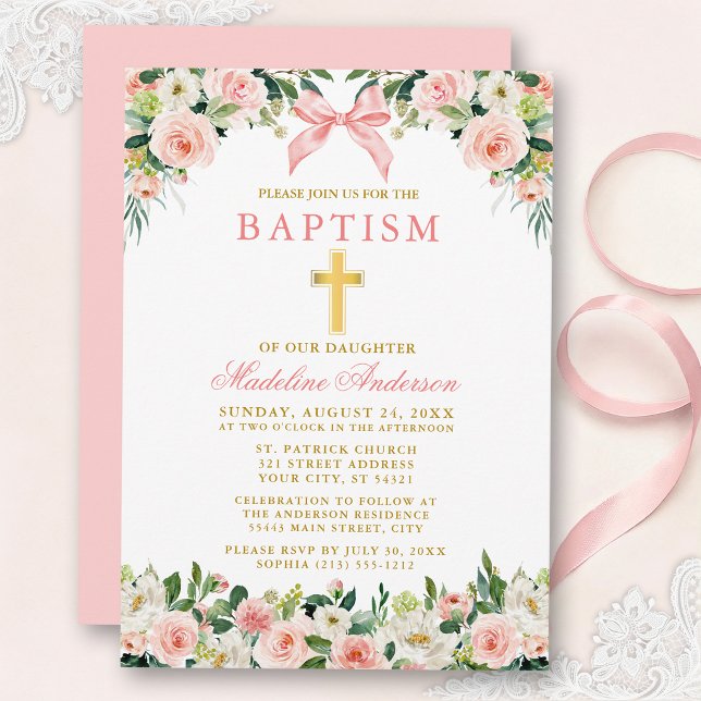 Akvarell Blommig Rosa Band Guld Dop Inbjudningar (Customize to change text color, size, style or to change color of back of card.)