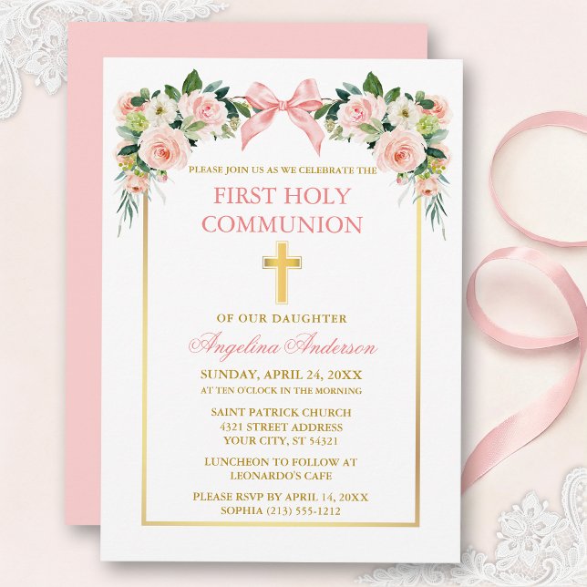 Akvarell Blommig Rosa Band Guld Ram Första Kommuni Inbjudningar (Customize to change text color, size, style or to change color of back of card.)