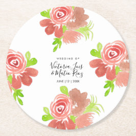 Akvarell Blommig Rosa Beige Rosenskär Löv Bröllop Underlägg Papper Rund