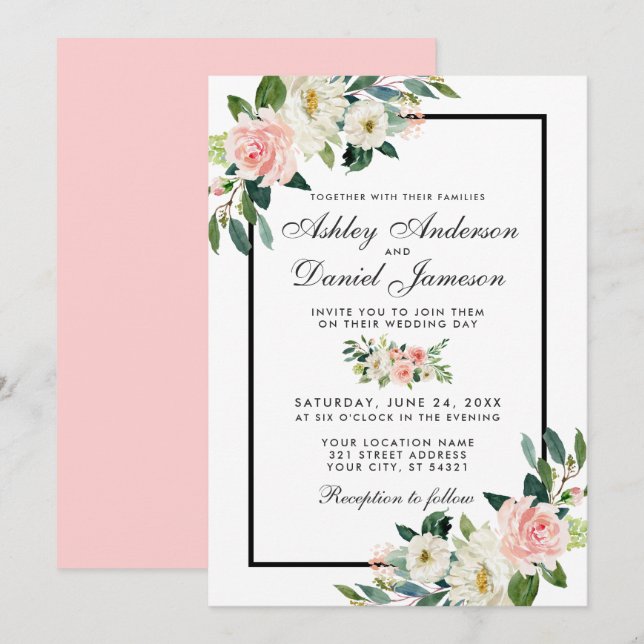 Akvarell Blommig Rosa Grön Vit Bröllop P Inbjudningar (Fram/baksida)