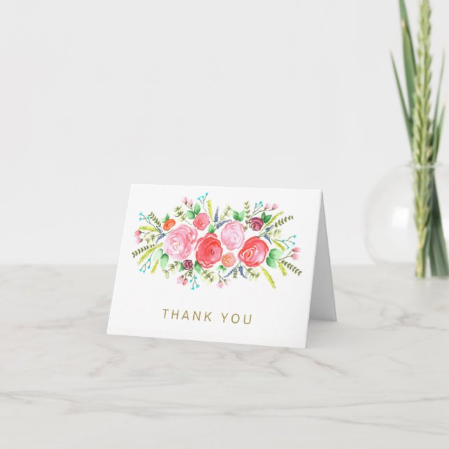 Akvarell Blommig Rosa Roséguld Generisk Tack Kort (Framsida)