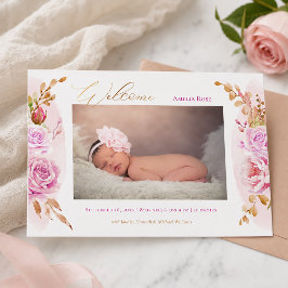 Akvarell Blommig Rosa Rosor Baby Flicka Foto Födel Meddelande