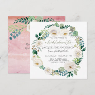 Akvarell Blommig Rosafärgad Vita Rosor Blad Krans Inbjudningar