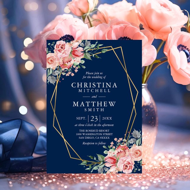Akvarell Blommig Rosenskär Marineblå Bröllop Inbjudningar (Watercolor Floral Blush Pink Navy Blue Wedding Invitation)