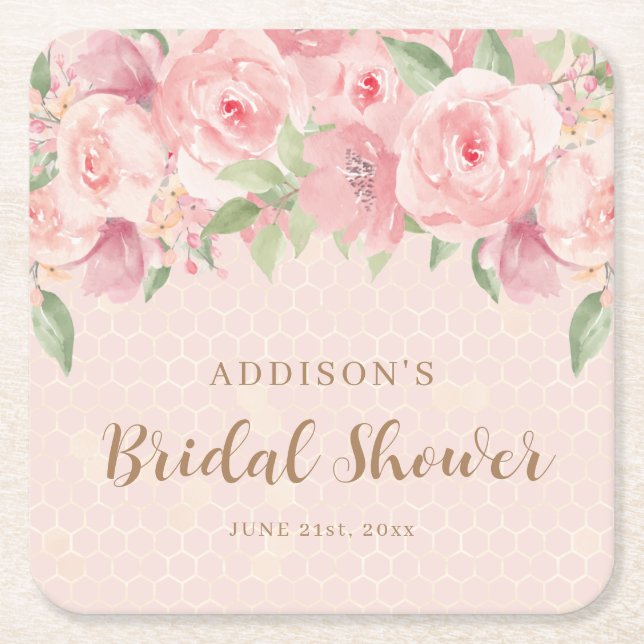 Akvarell Blommig Rosenskiftande Rosa Guld Bröllops Underlägg Papper Kvadrat (Framsidan)