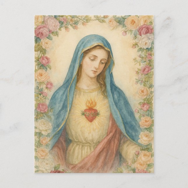 Akvarell Blommig Saliga Moder Maria Katolsk Vykort (Framsida)