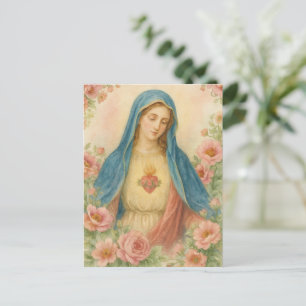 Akvarell Blommig Saliga Moder Maria Katolsk Vykort