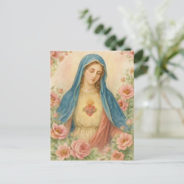 Akvarell Blommig Saliga Moder Maria Katolsk Vykort (Stående Fram)