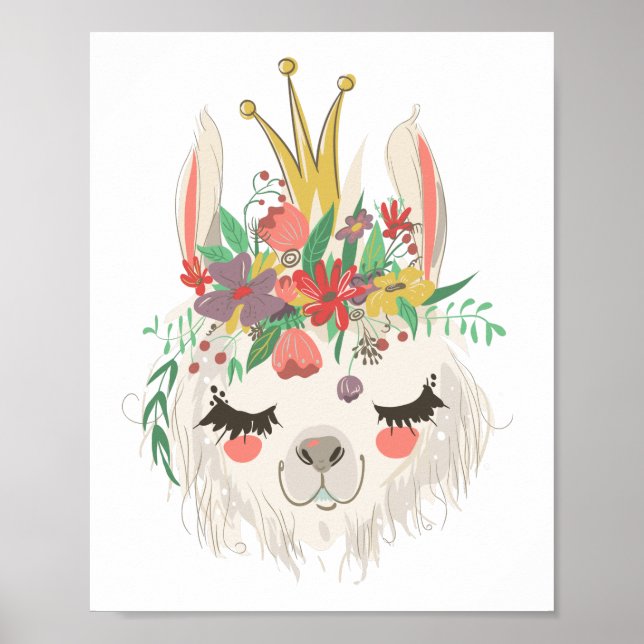 Akvarell Blommig Söt Llamansikte Poster (Framsidan)