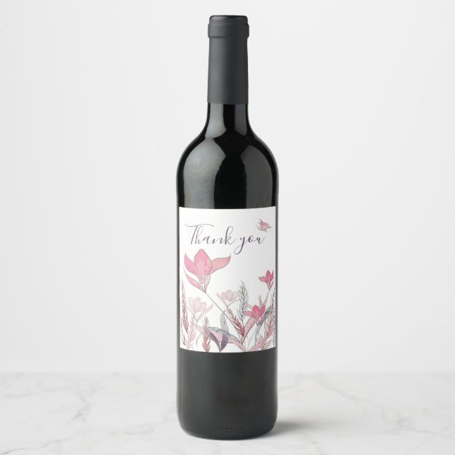 Akvarell Blommig Tacksamhet Vin Etikett – Elegant (Framsida)