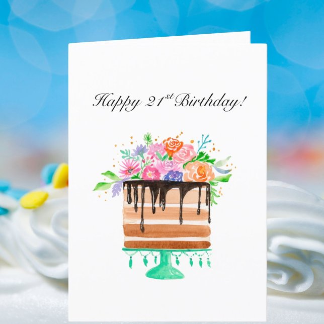 Akvarell Blommig Tårta Glad 21-årsdag  Helgkort (Skapare uppladdad)