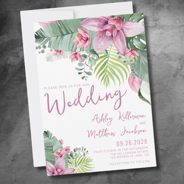 Akvarell Blommig Tropisk Bröllop Inbjudningar (Cute Elegant Palm Leaves Floral Tropical Wedding Invitation)